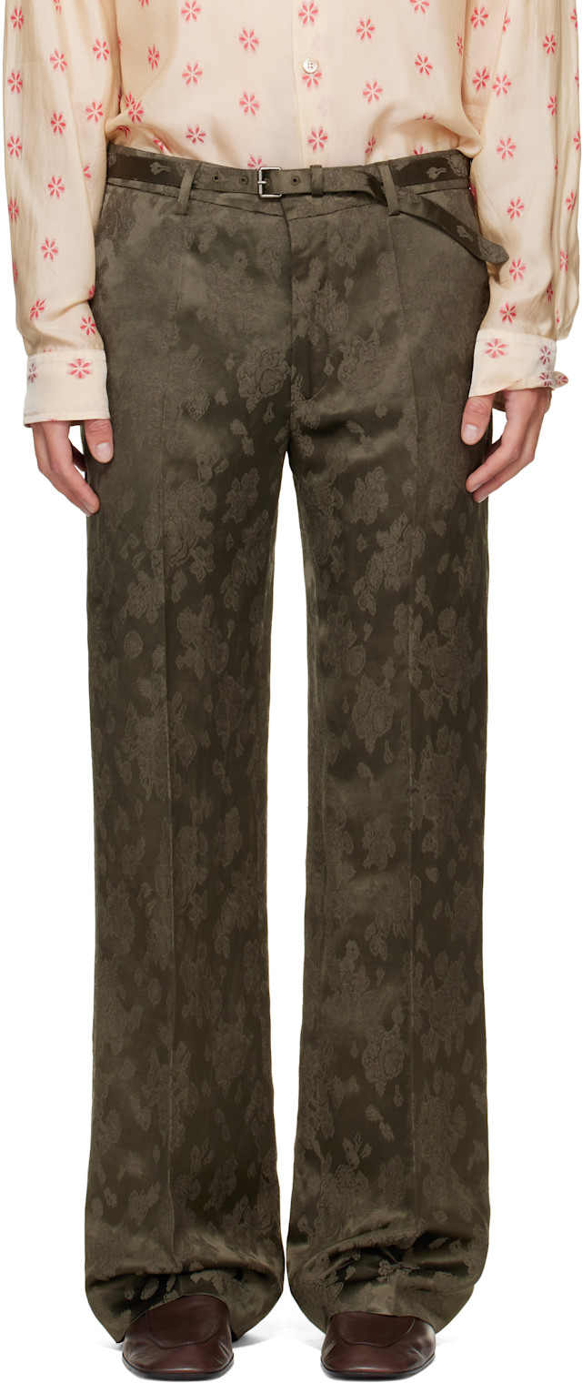 Dries Van Noten: Khaki Belted Floral Jacquard Trousers | SSENSE