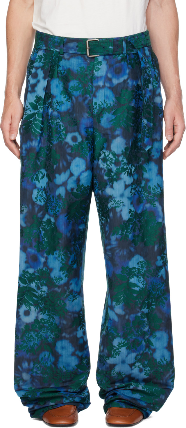 Dries Van Noten: Blue Belted Jacquard Trousers | SSENSE