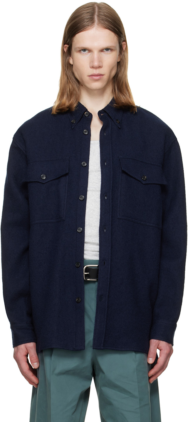 DRIES VAN NOTEN オーバーサイズ シャツ 34 Dries Van Noten: ネイビー ウール オーバーシャツ | SSENSE 日本