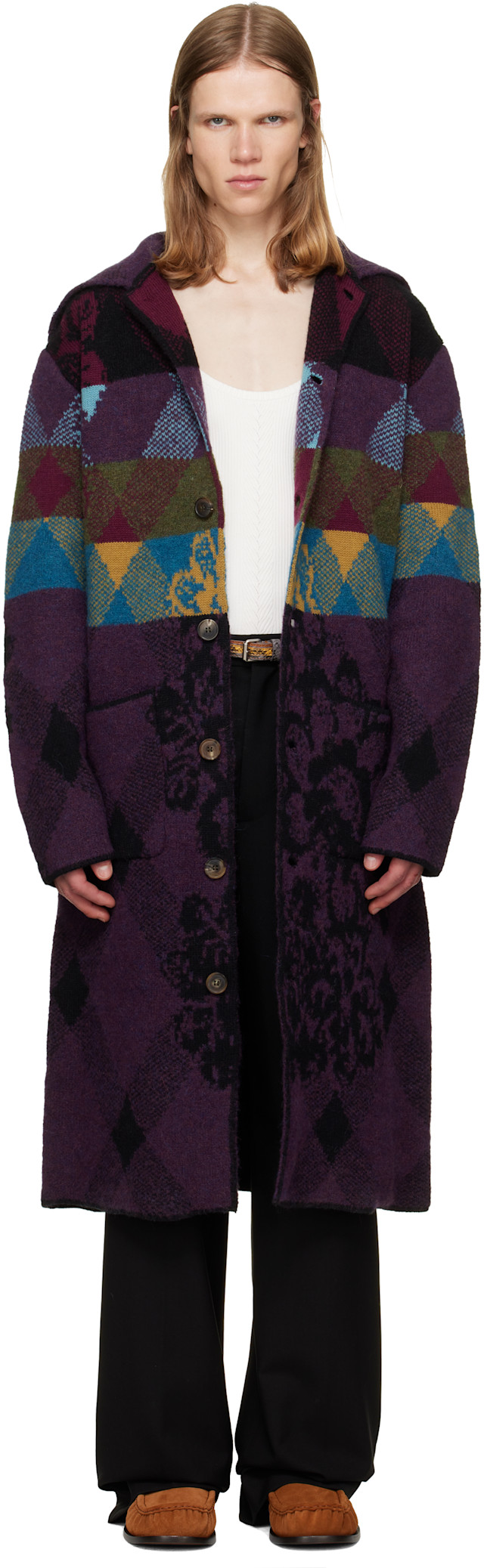 Dries Van Noten: パープル パッチワーク ウール カーディガン コート
