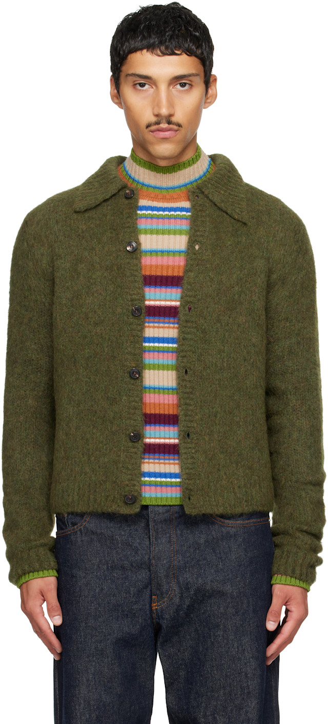 【希少】 DRIES VAN NOTEN ライカ期 ウール ニット カーディガン Dries Van Noten: グリーン アルパカ カーディガン | SSENSE 日本