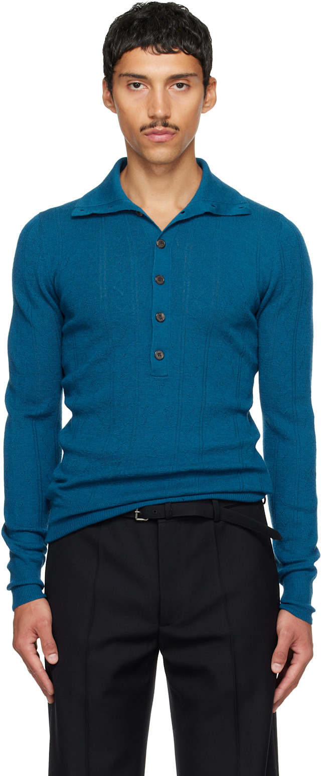 【新品未使用】Dries Van Noten 18ssポロシャツ Dries Van Noten: ブルー ポインテール ポロシャツ | SSENSE 日本