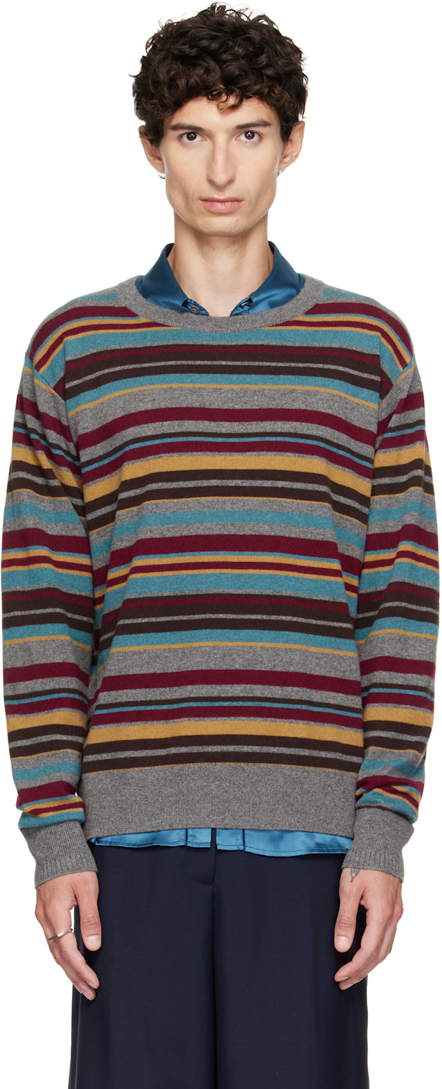 DRIES VAN NOTEN オープンニットセーター ローゲージニット Dries Van Noten: Gray Striped Sweater | SSENSE