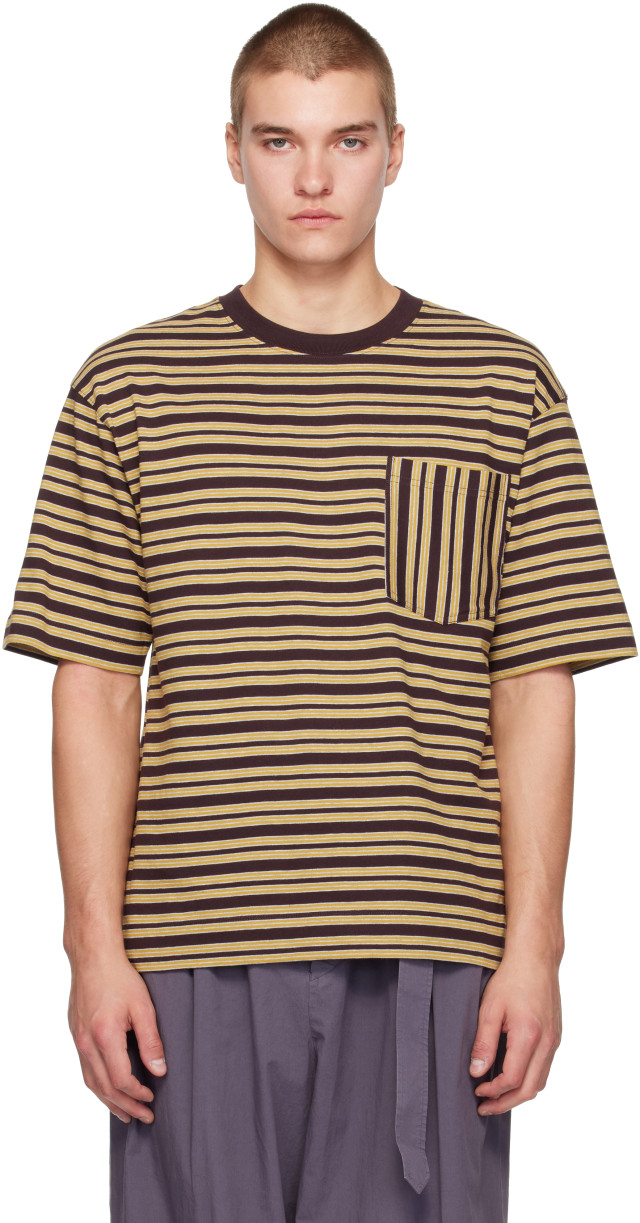 Dries Van Noten: Burgundy & Yellow Striped T-shirt | SSENSE