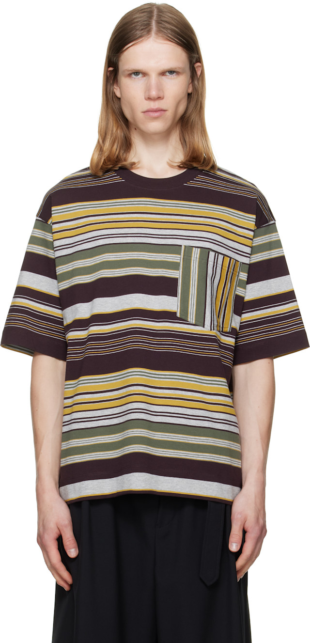 Dries Van Noten: Burgundy & Gray Striped T-shirt | SSENSE