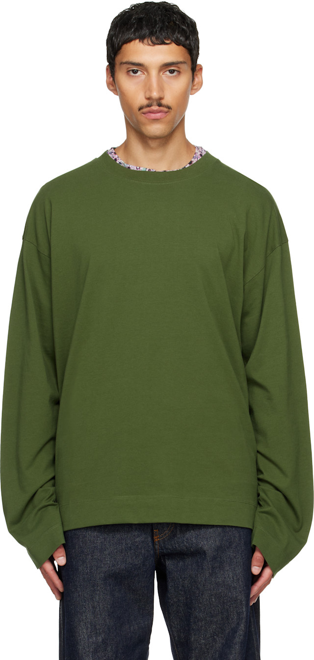 Dries Van Noten: Green Long Sleeve Cotton T-shirt | SSENSE Canada
