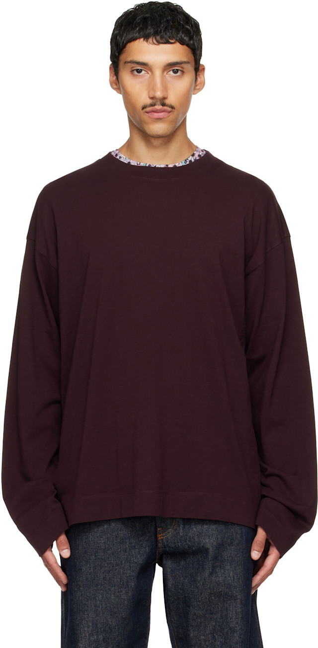 Dries Van Noten: Burgundy Long Sleeve Cotton T-shirt | SSENSE