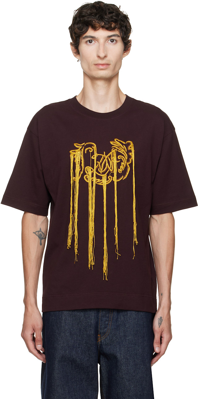 Dries Van Noten: Burgundy Fringed T-shirt | SSENSE