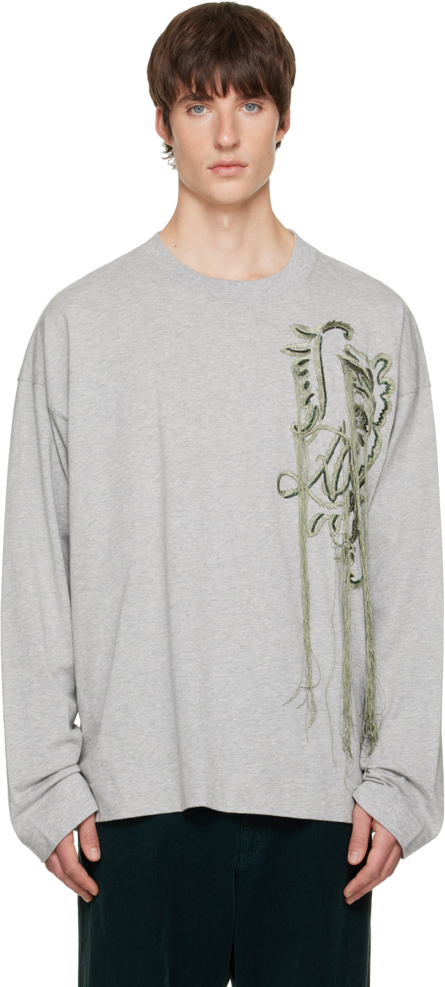Dries Van Noten: Gray Embroidered Cotton T-shirt | SSENSE