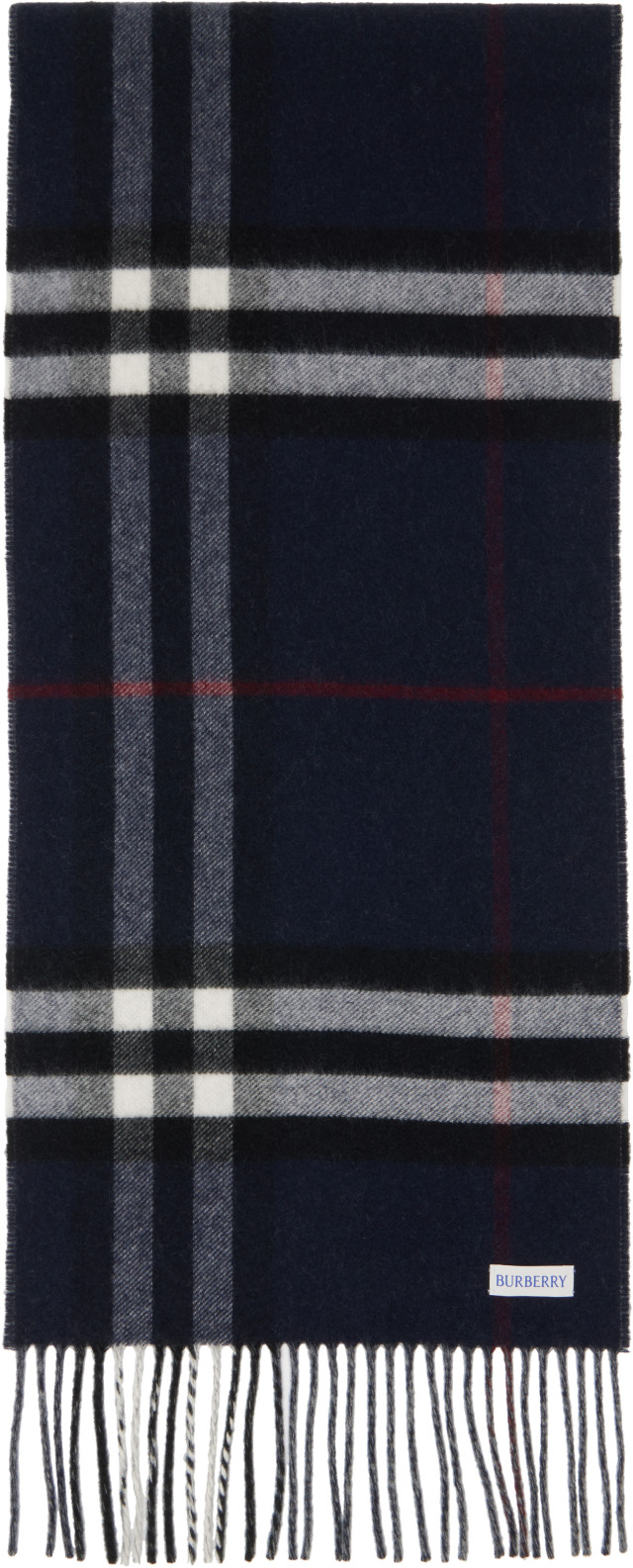 Burberry: Navy & Gray Check Cashmere Scarf | SSENSE