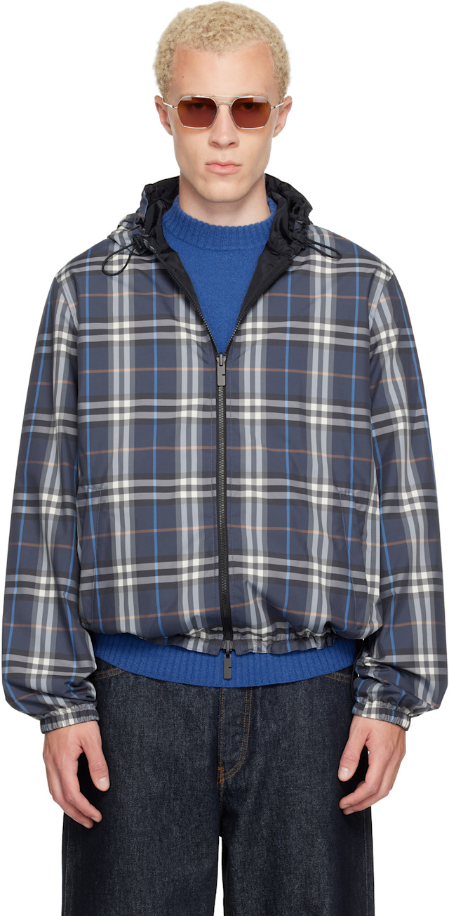 Burberry: ネイビー Newport チェック フード付き リバーシブル