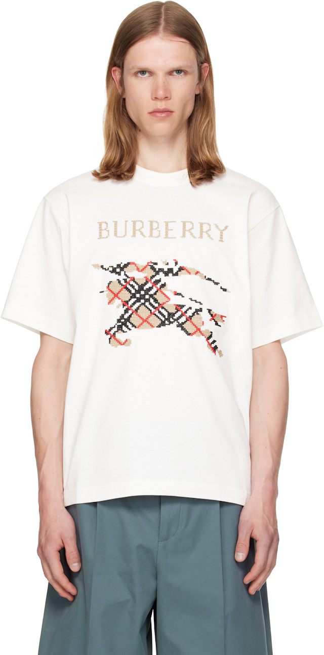 Burberry: ホワイト Cross Stitch Knight コットン Tシャツ | SSENSE 日本