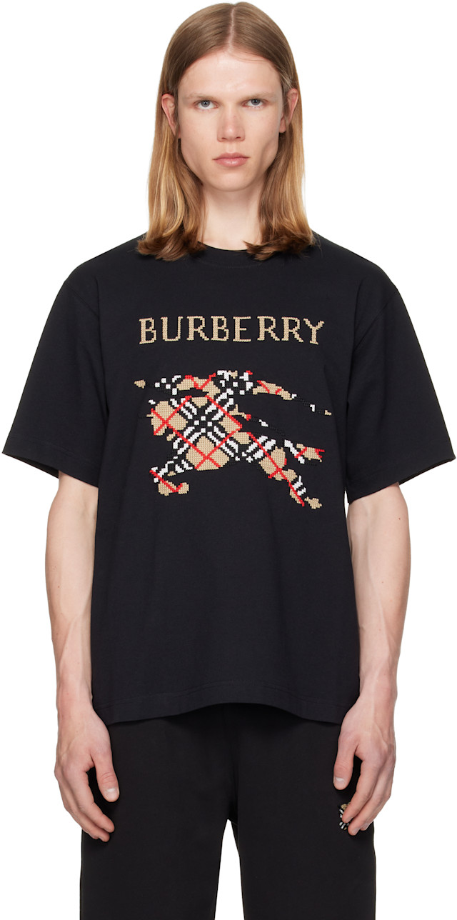 Burberry: ブラック Cross Stitch Knight コットン Tシャツ | SSENSE 日本