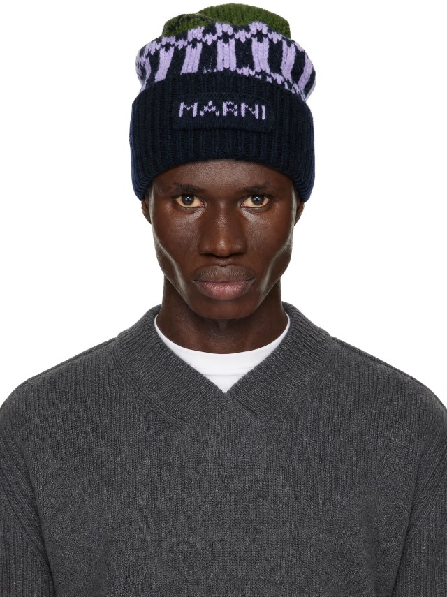 Marni: Green & Navy Knit Wool Beanie | SSENSE