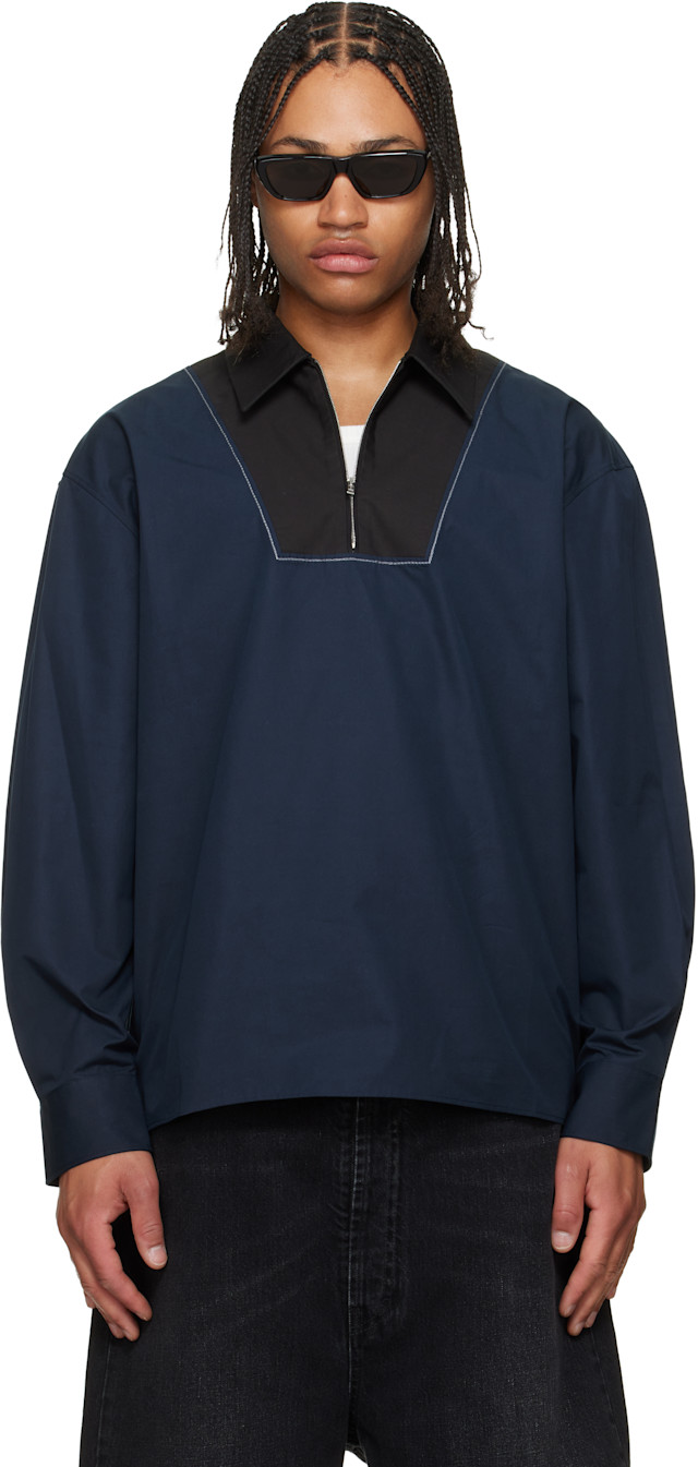 Marni: ネイビー Poplin Zip Bib シャツ | SSENSE 日本