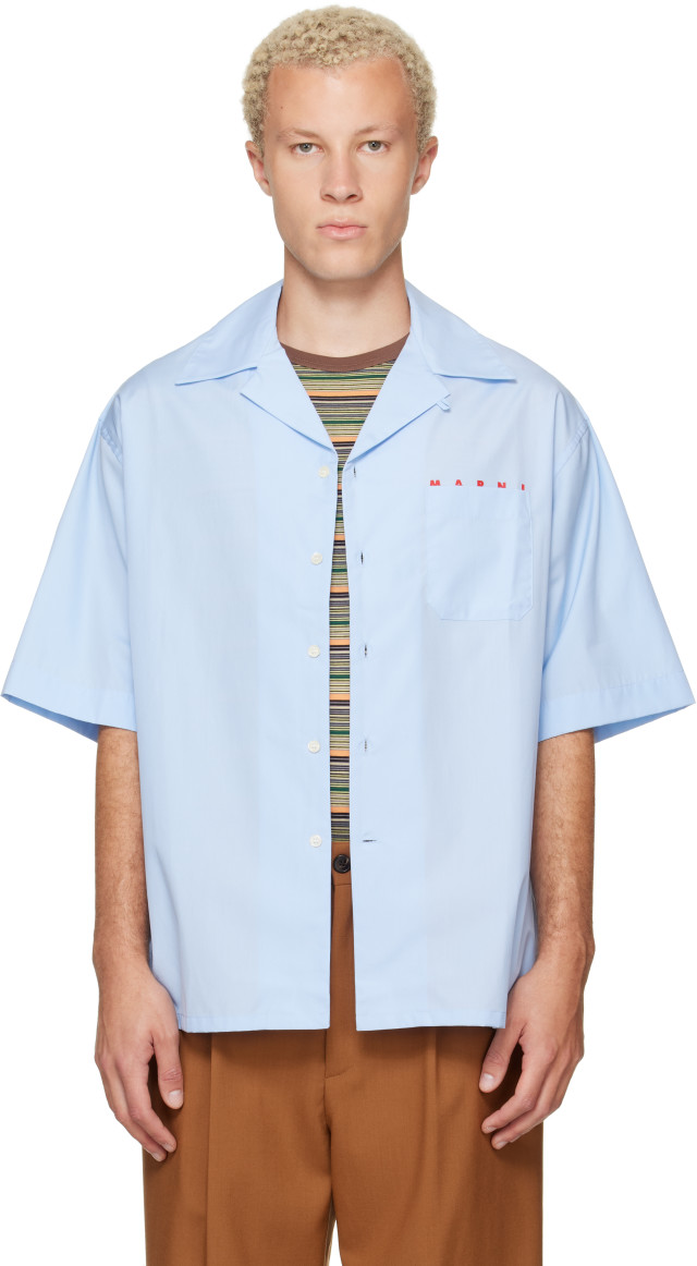 MARNI Peeping Marni Logo ボウリングシャツ Marni: Blue Peeping Marni Logo Poplin Bowling Shirt | SSENSE