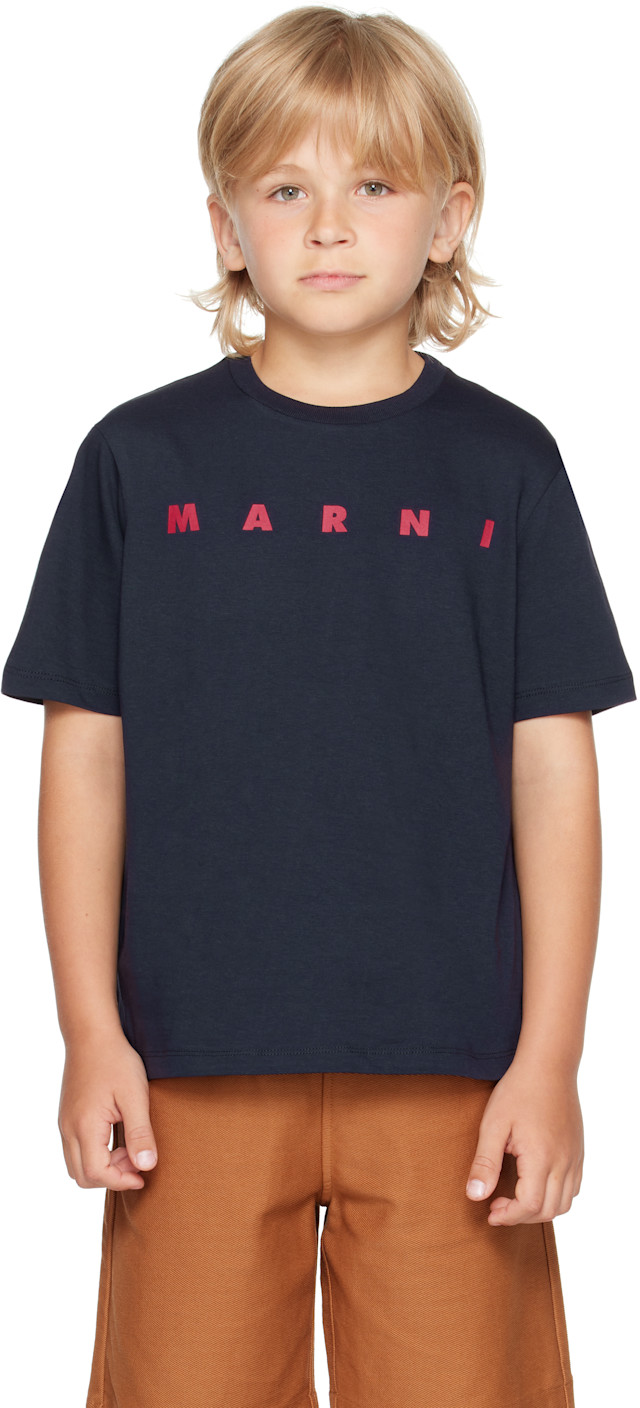MARNI キッズ ロゴ ネイビー Tシャツ Marni: キッズ｜ネイビー ロゴプリント Tシャツ | SSENSE 日本