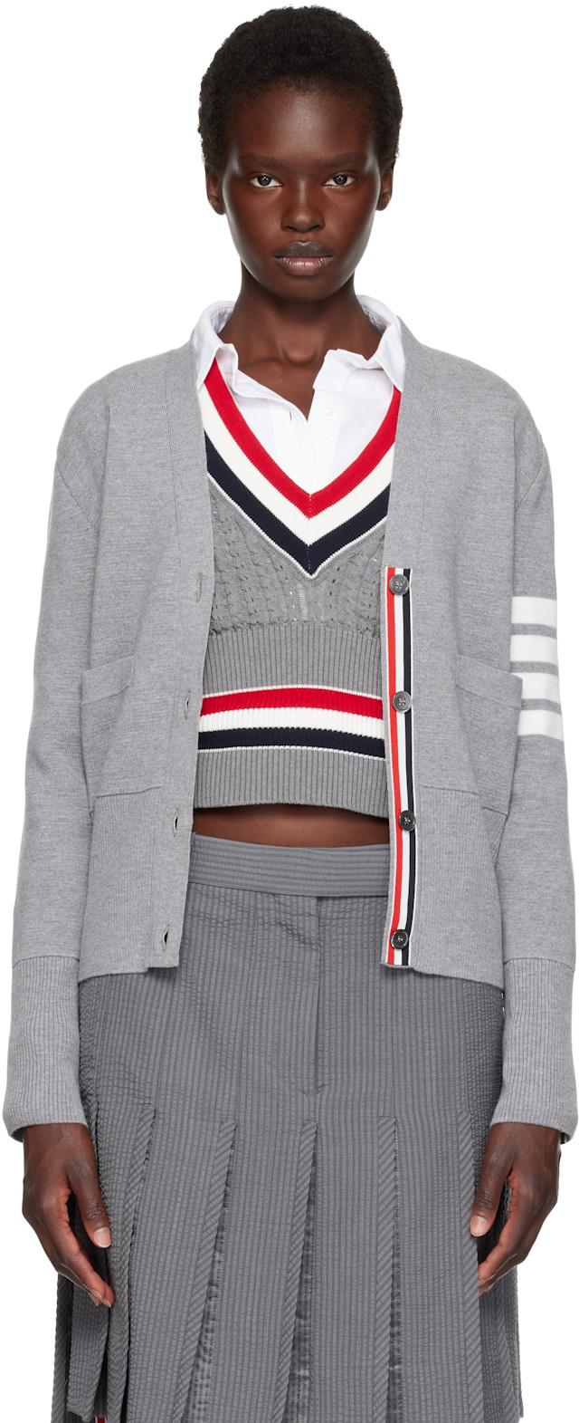 Thom Browne: Gray Wool 4-Bar V-Neck Cardigan | SSENSE