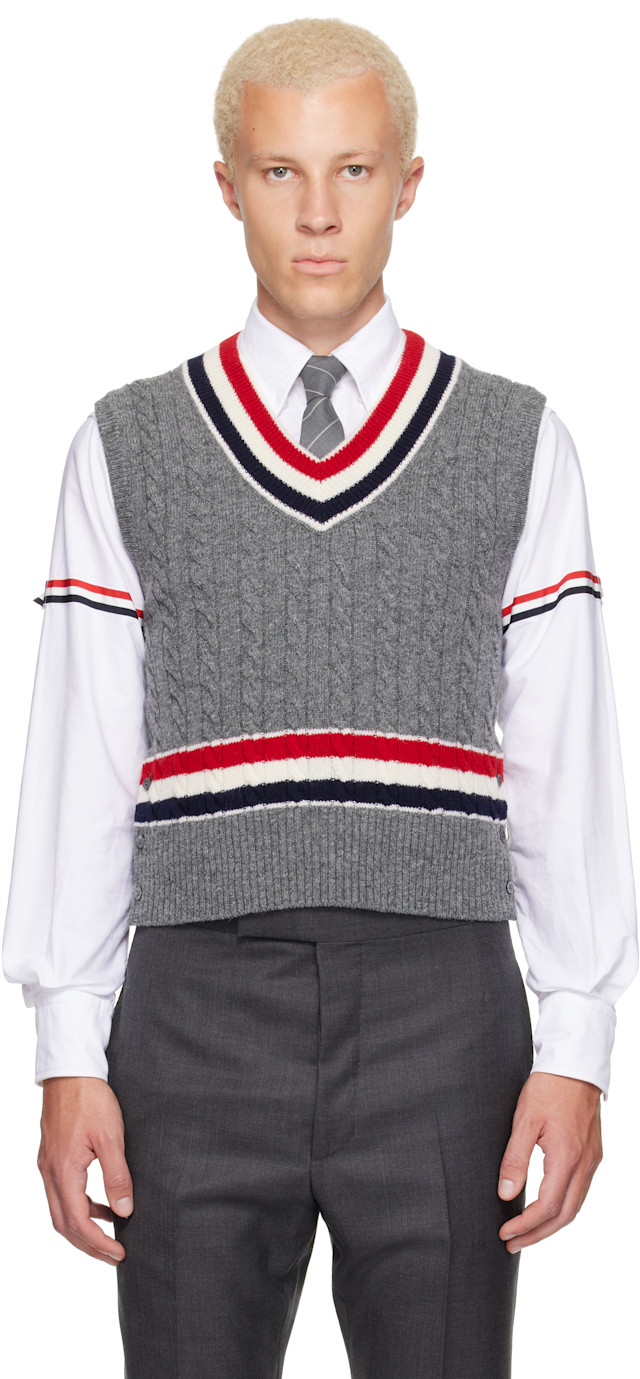 Thom Browne: Gray Baby Cable V-Neck Cricket RWB Vest | SSENSE