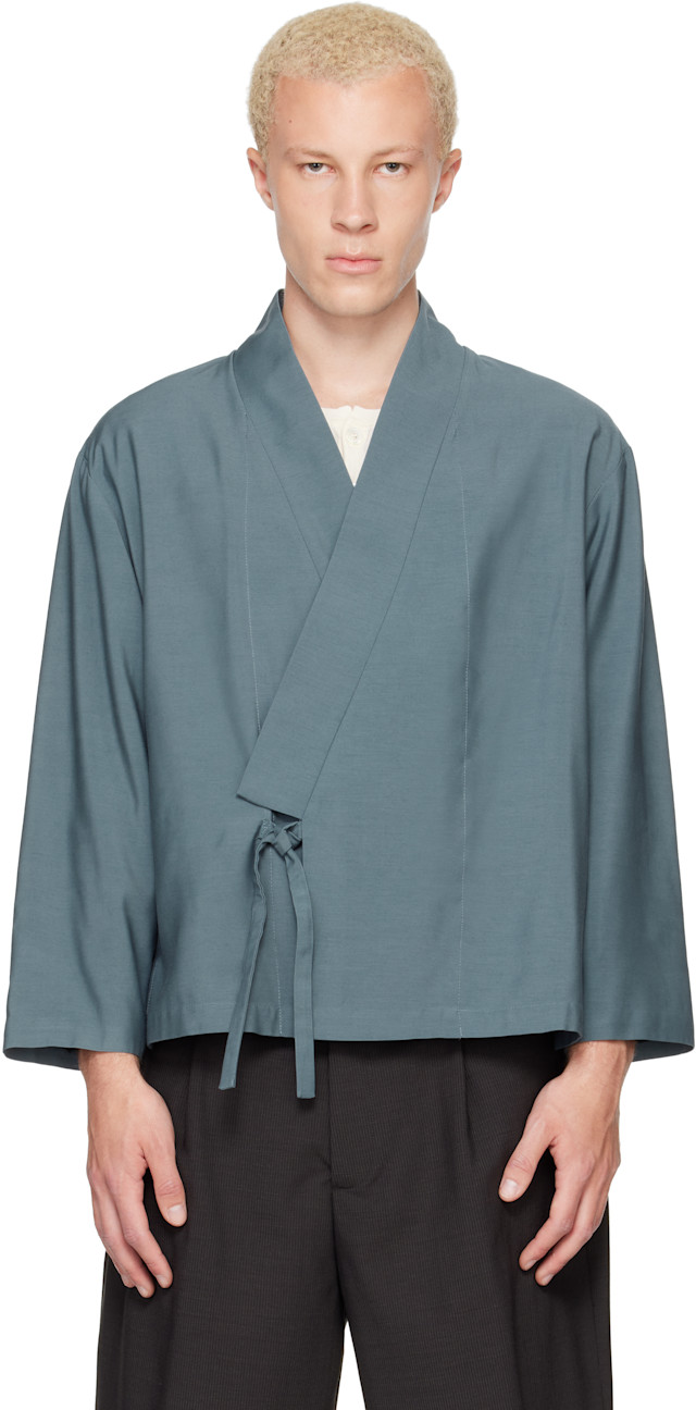Kenzo: Navy Kenzo Paris Viscose & Wool Kimono Jacket | SSENSE Canada