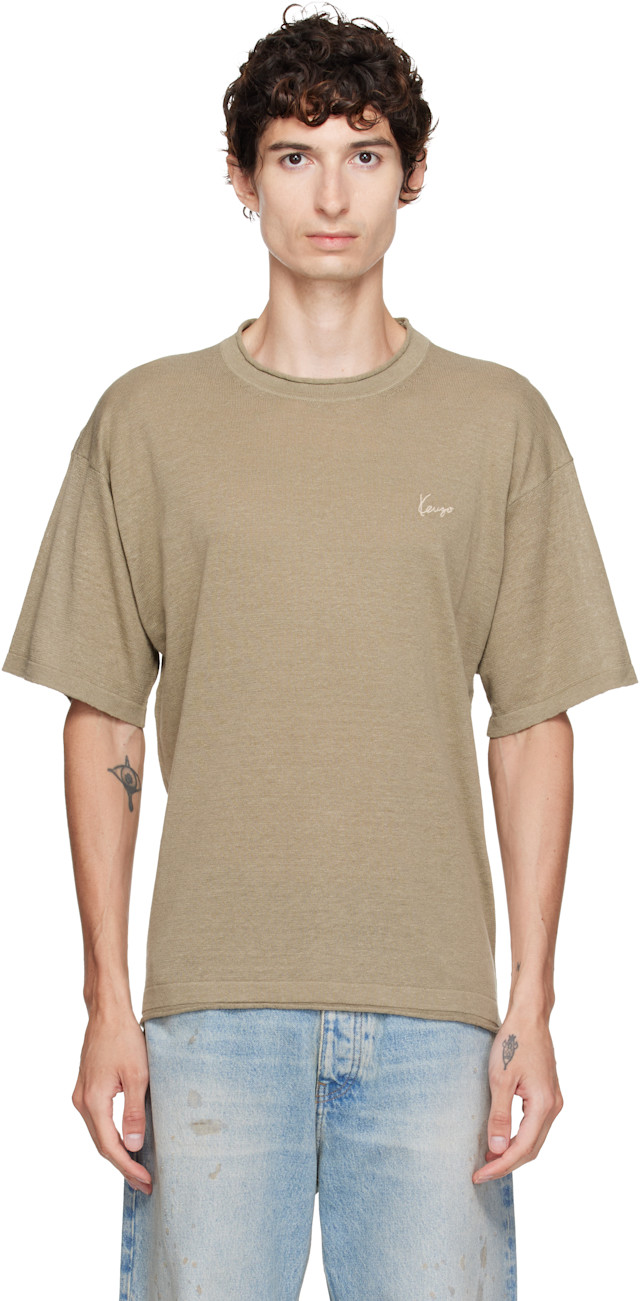 KENZO Paris Tシャツ カーキ Kenzo: Khaki Kenzo Paris 'KENZO Signature' Embroidered T-shirt