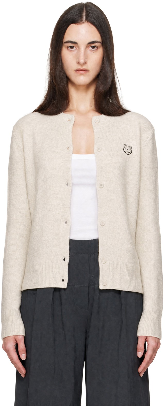 Maison Kitsuné: Beige Fox Head Lambswool High Neck Cardigan | SSENSE