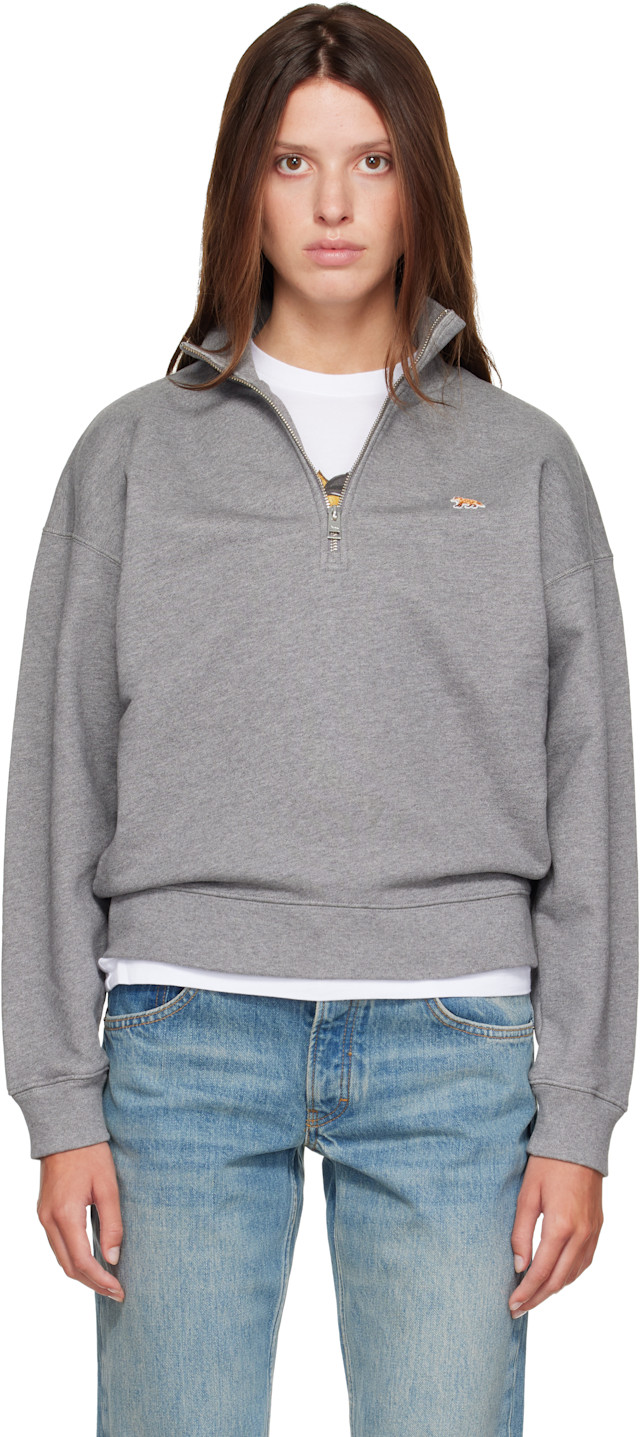 Maison Kitsuné: Gray Baby Fox Half Zipped Sweatshirt | SSENSE