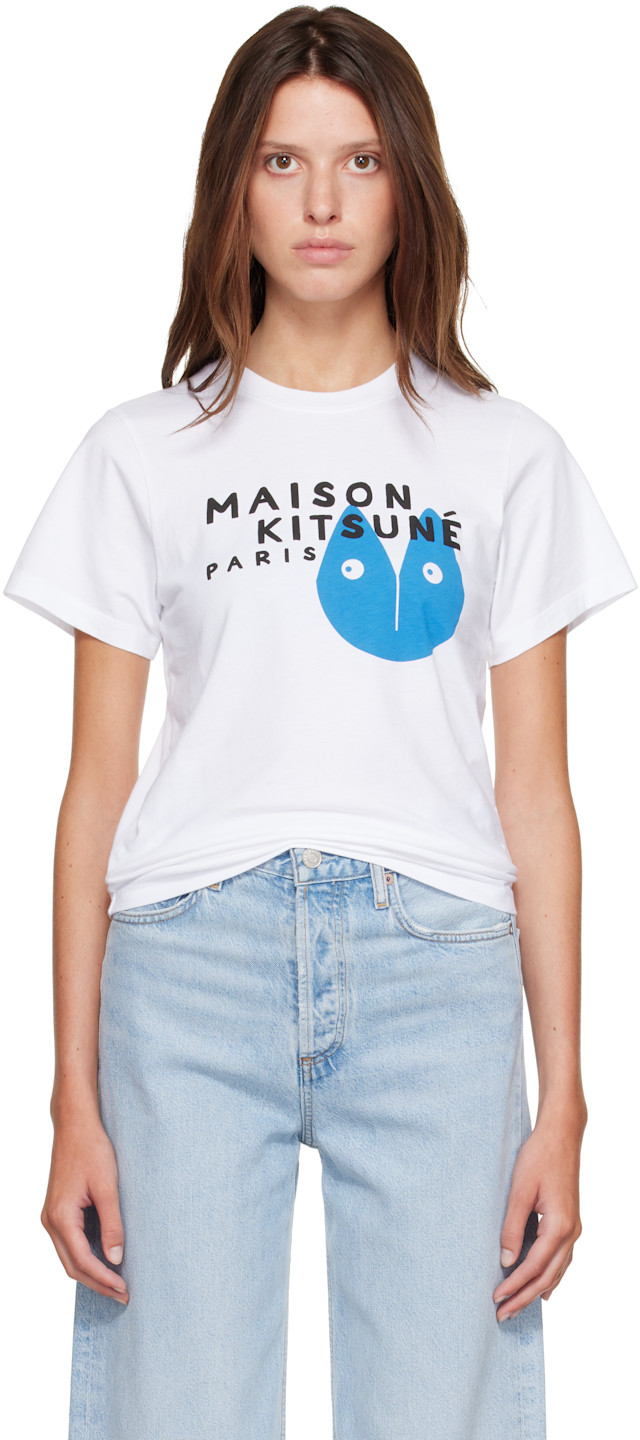 一度のみ使用MAISON KITSUNE フォックスTシャツ ホワイト Maison Kitsuné: ホワイト Fortune Fox スタンダード Tシャツ | SSENSE