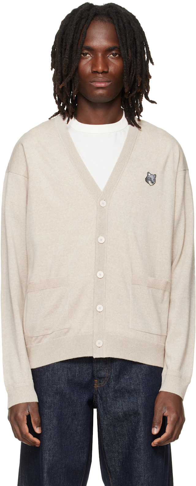 Maison Kitsuné: Beige Fox Head Merino Comfort Cardigan | SSENSE