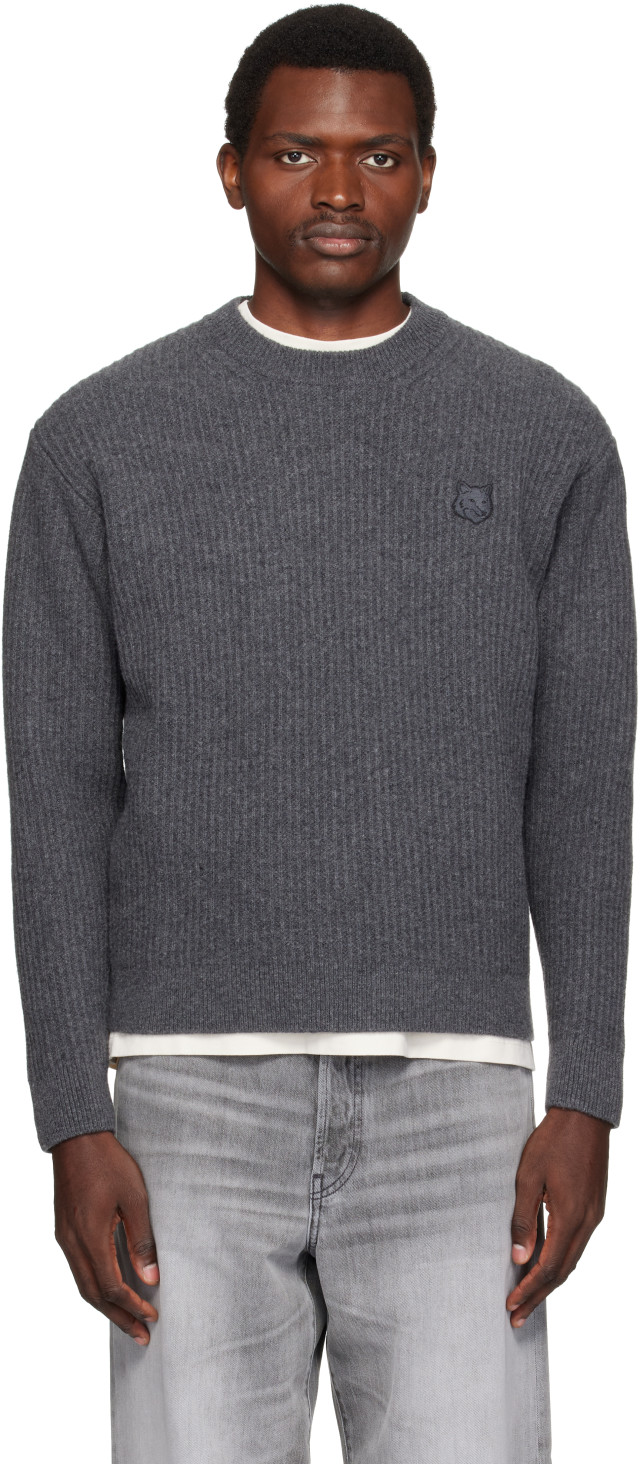 Maison Kitsuné: Gray Fox Head Wool Ribbed Sweater | SSENSE