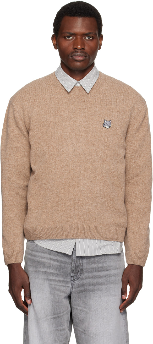 Maison Kitsuné: Beige Fox Head Lambswool Comfort Sweater | SSENSE