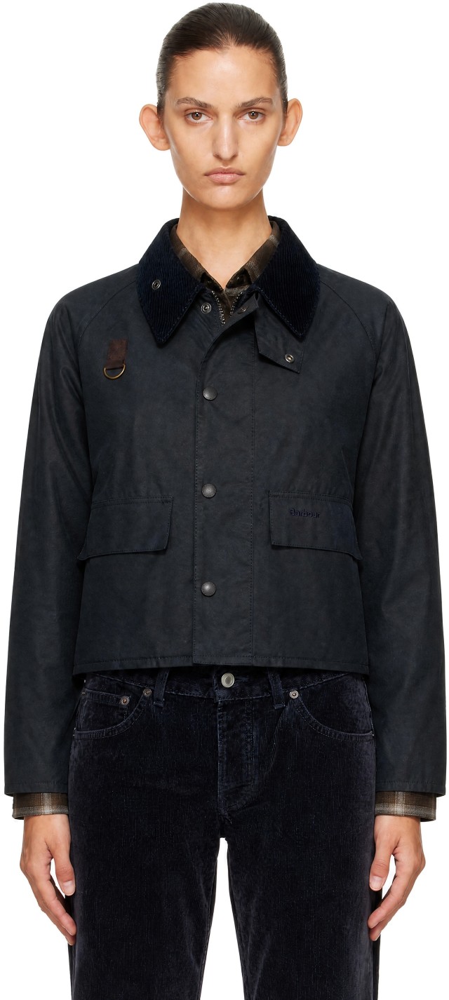 Barbour: Navy Spey Slim Waxed Jacket | SSENSE