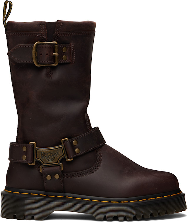 Dr. Martens: Brown Anistone Hi Leather Biker Boots | SSENSE