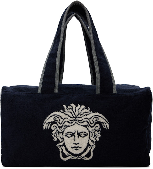 Versace: Navy Terry Cloth Jacquard Gym Duffle Bag | SSENSE