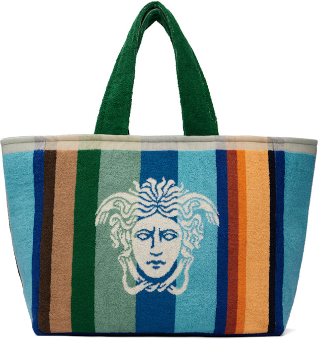 Versace: マルチカラー ストライプ コットンテリー ジャカード トート
