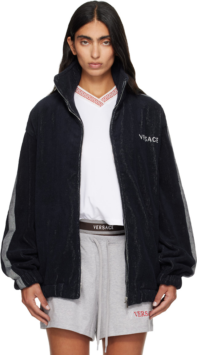 Versace: Navy Cotton-Terry Jacquard Zip Jacket | SSENSE