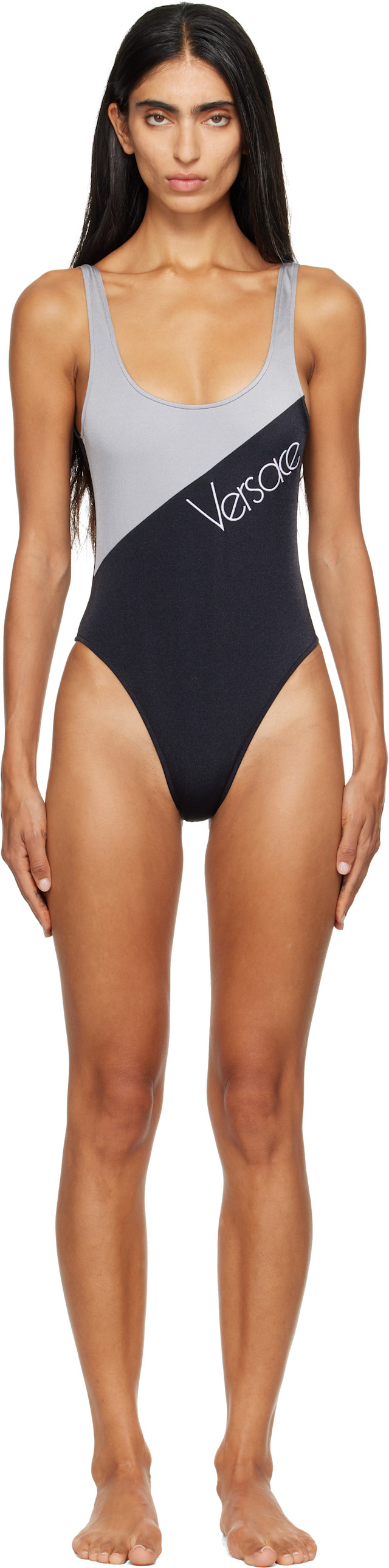 Versace: Black & Gray Embroidered-Logo One-Piece Swimsuit | SSENSE