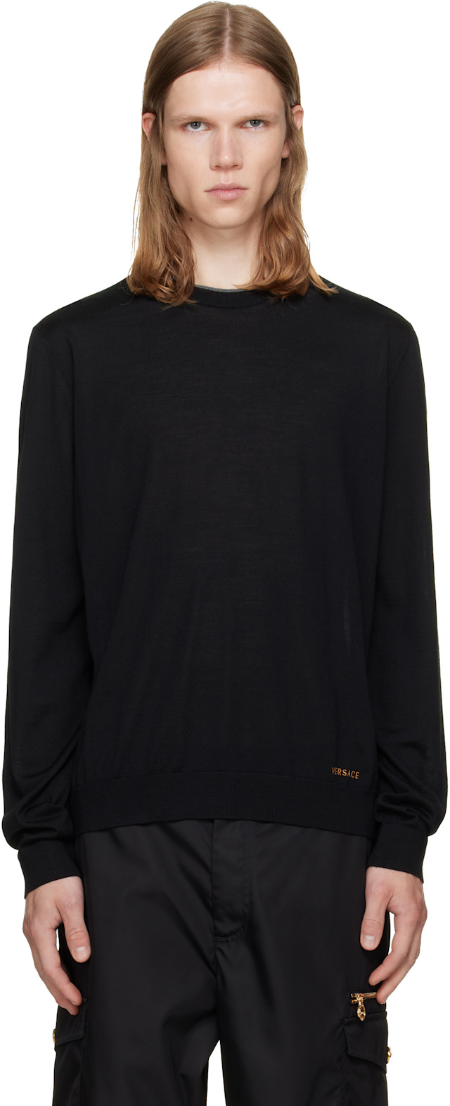 GIANNI VERSACE ウール ニット セーター ブラック F 5220 Versace: Black Embroidered Wool Knit Crewneck Sweater | SSENSE