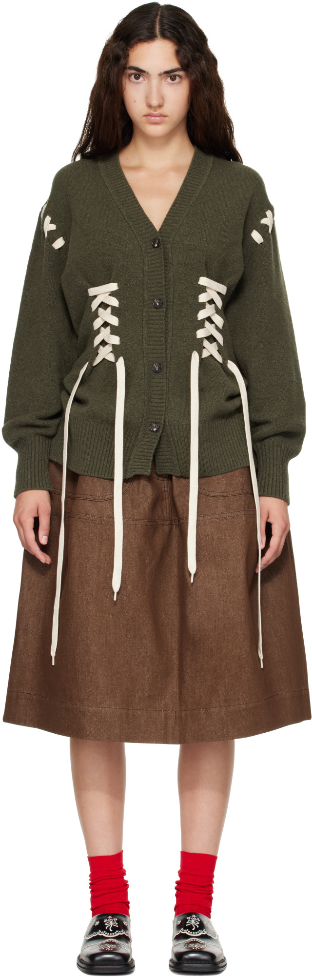21SS Simone Rocha ニットカーディガン Simone Rocha: Khaki Merino Sculpted Corset Cardigan | SSENSE