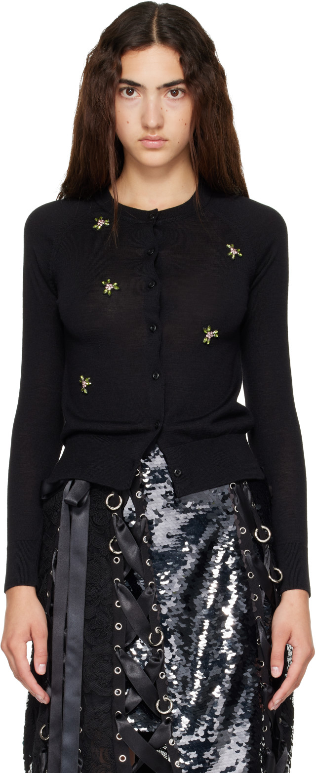 21SS Simone Rocha ニットカーディガン Simone Rocha: Black Turbo Embellished Classic Merino Silk Cardigan