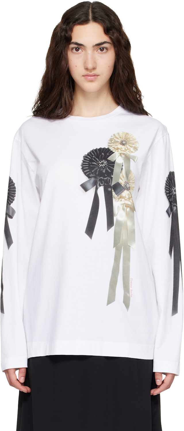 Simone Rocha: White Ribbon Rosette Print Long Sleeve T-shirt | SSENSE