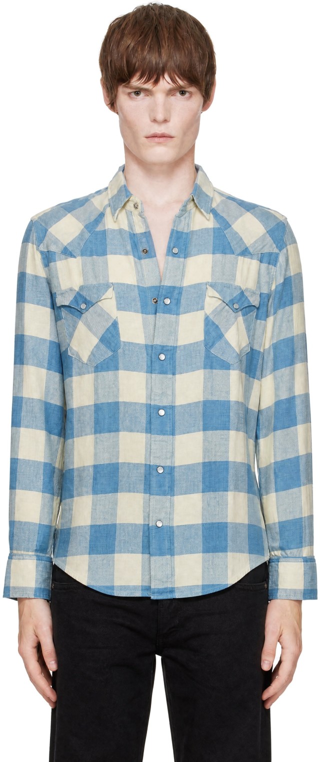 RRL: ブルー スリムフィット インディゴ プレイド ウエスタンシャツ