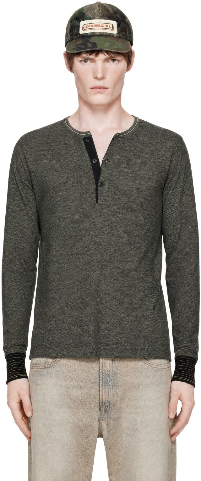RRL: ブラック インディゴ ジャカード ヘンリーネック Tシャツ