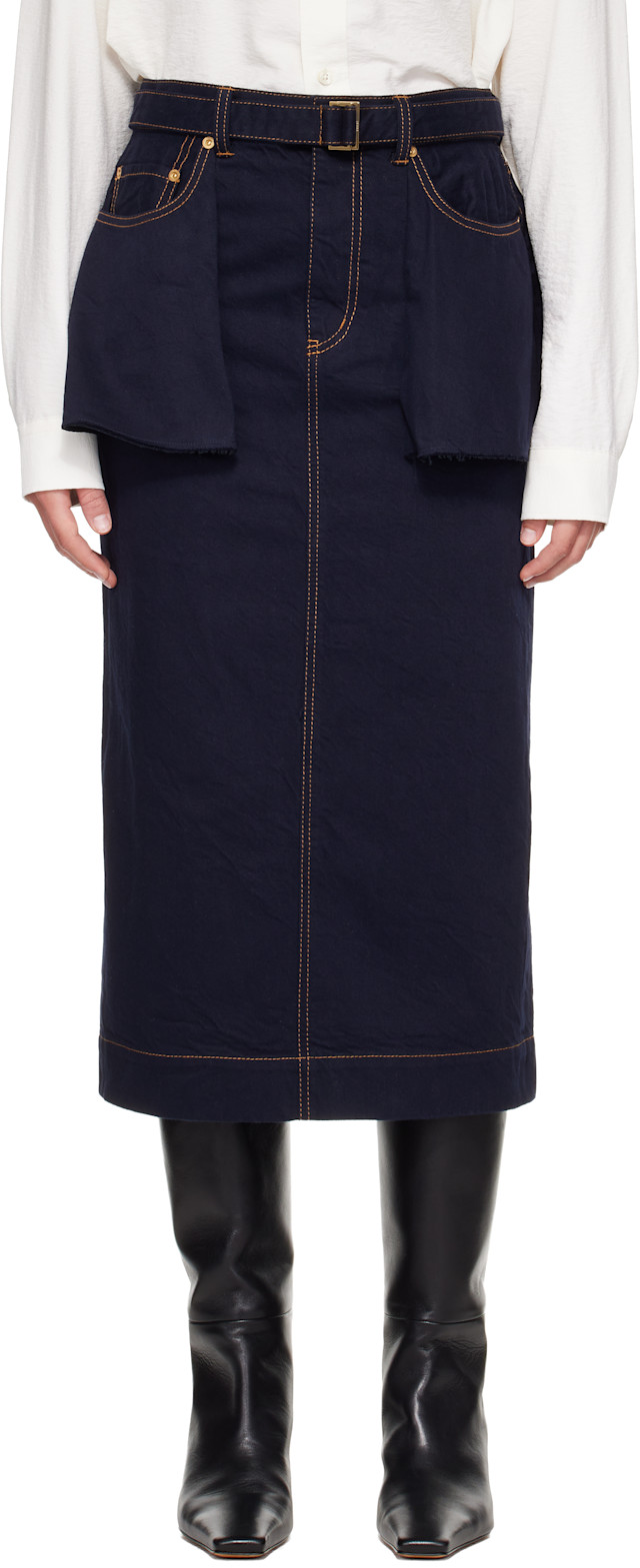 sacai: Navy Denim Midi Skirt | SSENSE