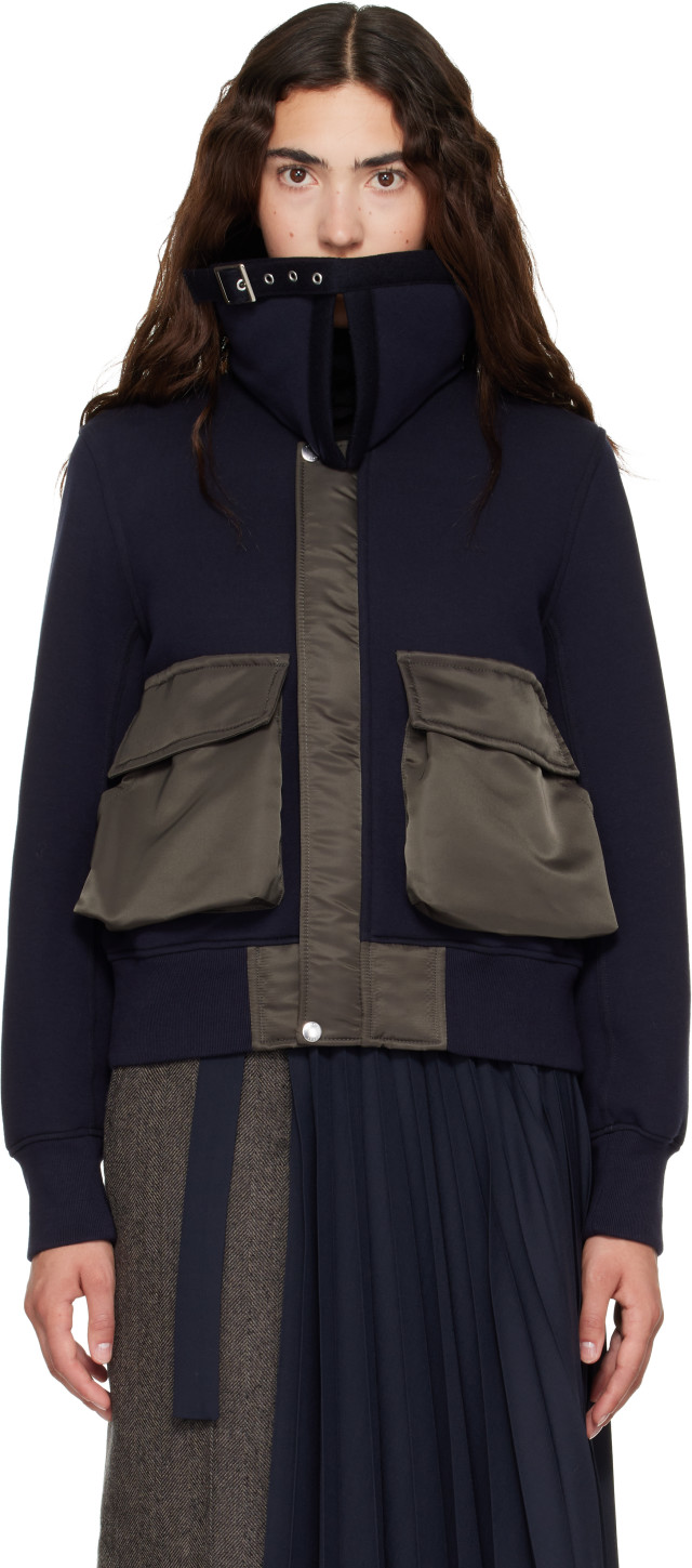 ＜sacai＞SPNG SWT ZIP ブルゾン sacai: Navy Sponge Sweat Blouson Jacket | SSENSE
