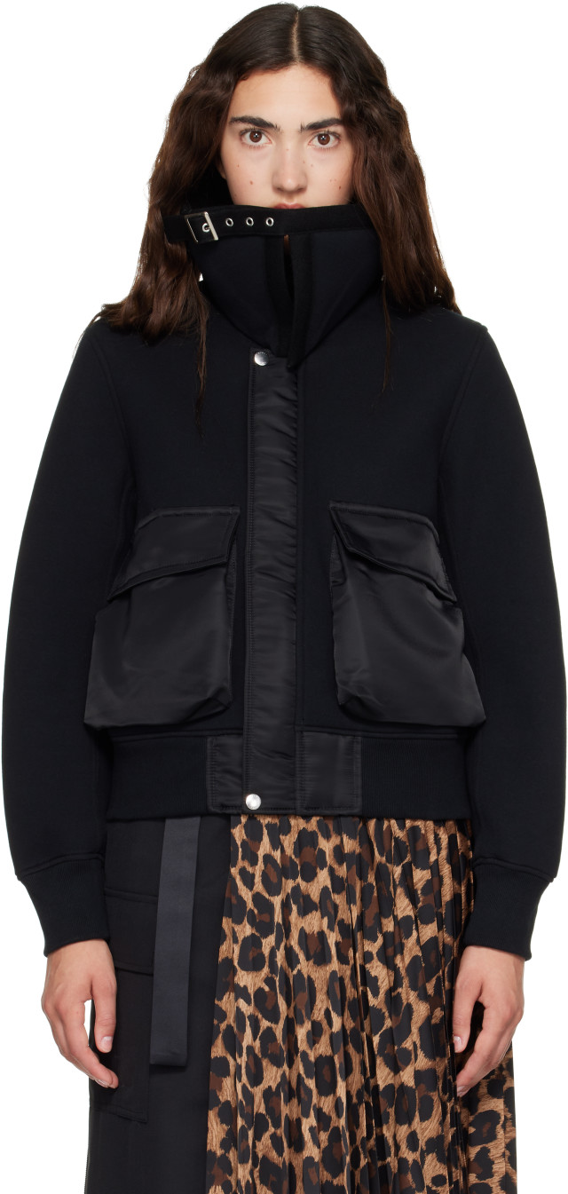sacai Sponge Sweat Blouson ニット切り替えブルゾン L sacai: Black Sponge Sweat Blouson Jacket | SSENSE