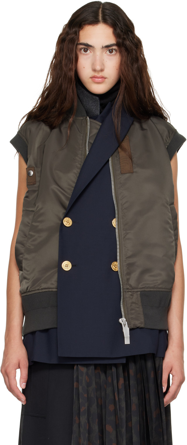 sacai: Green Nylon Twill x Suiting Vest | SSENSE