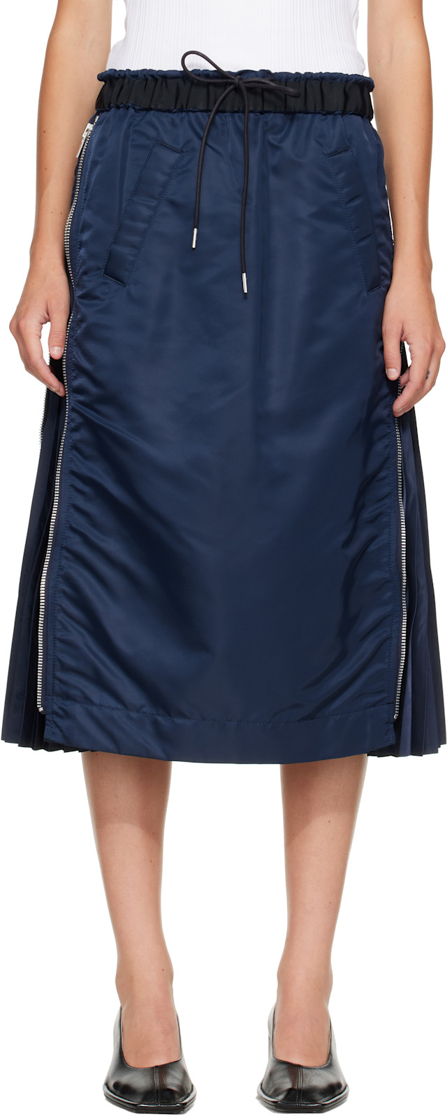 sacai: Navy Nylon Twill Midi Skirt | SSENSE
