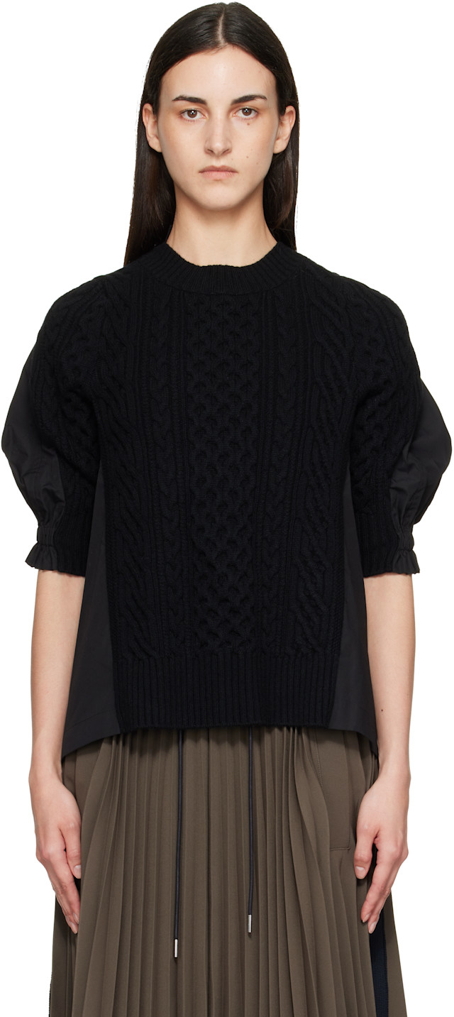 トップス sacai Knit sweater sacai: Black Wool Knit x Cotton Poplin Pullover Sweater | SSENSE