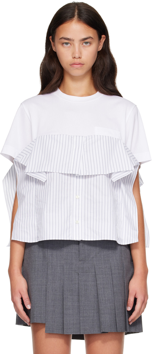 サカイ　Cotton PoplinxCotton Jersey T-Shirt sacai: White Poplin Cotton Jersey T-shirt | SSENSE